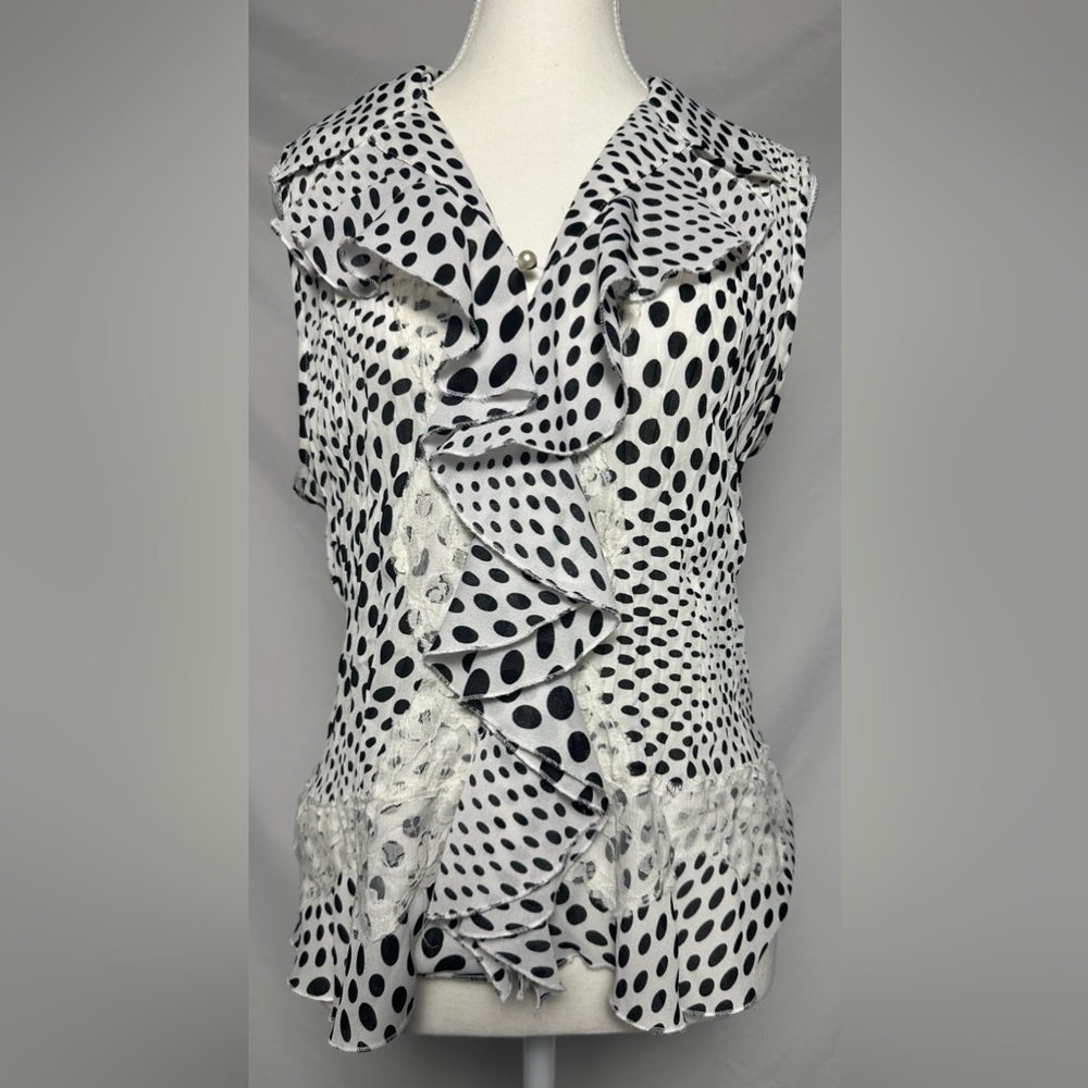 JOHN PAUL RICHARD UNIFORM Y2K Retro Polka Dot Ruffle Lace Sleeveless‎ Top Size L